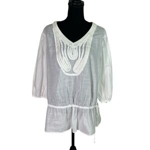 Chico's Peasant‎ Tunic Top White Crochet Trim Drawstring Waist 2